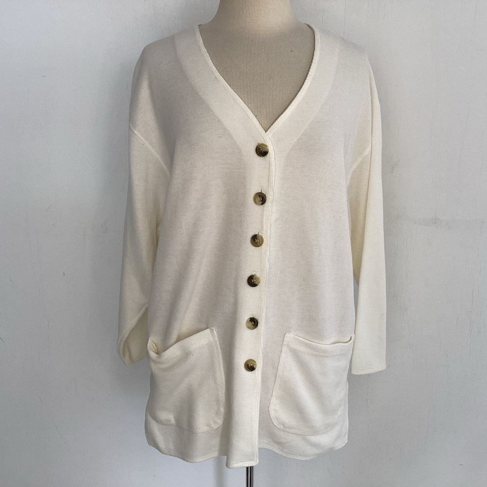 Vintage white Express Tricot v neck 3/4 sleeve 2 front patch pocket sweater sz?